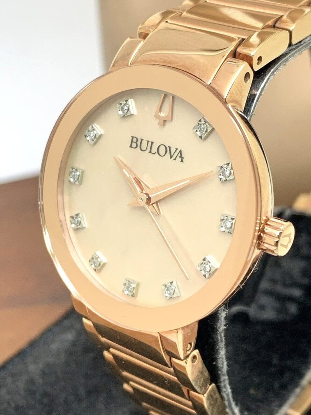 Bulova Women's Watch 97P132 Quartz Diamond Dial Rose Gold Stainless Steel 30mm